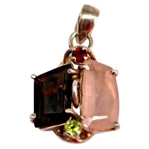 Vintage Hand Made Pendant Peridot Garnet Smoke Rose Quarts 925 Silver • Original